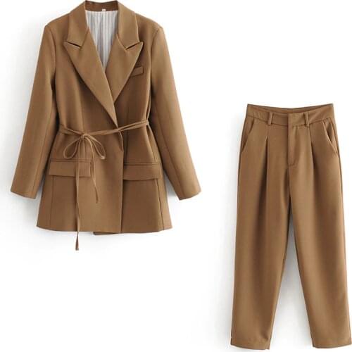 ZXQJ elegant women high quality brown suit set 2020 fashion vintage ladies cotton jackets casual female soft suits girls chic