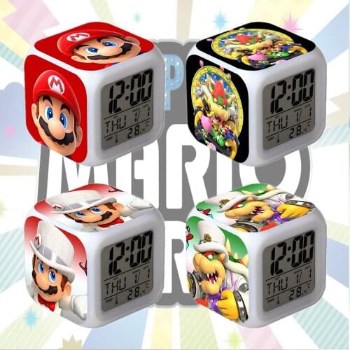 Super Mary Series Custom Alarm Clock Cartoons Mario Bros Colorful Discoloration LED Multifunctional Alarm Clock Kids Toys Gifts