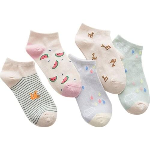 5pairs Women Ankle Socks Cute Animals Fruits Striped Fun Funny Simple Girls Socks Summer Autumn Comfort Cotton Women Sock Meias