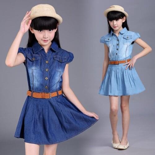 VOGUEON New Girls Denim Dress Summer Party Dress with Belt Children Short Sleeve Casual Clothing Baby Girl Kids Fashion Outfit