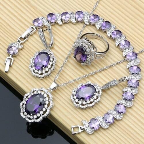 Dropshipping Women 925 Sterling Silver Bridal Jewelry Sets Purple CZ Stone Earrings Rings Pendant Necklace Set Dubai Jewelry