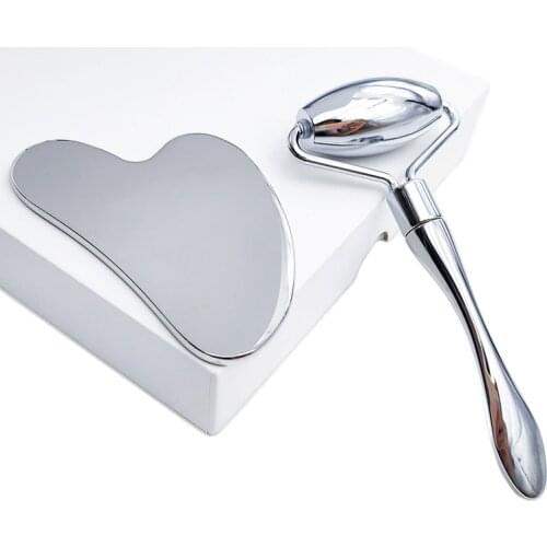 Stainless Steel Face Roller Gua Sha Scraper Set Silver Metal Facial Cream Applicator Skin Tightening Wrkinle Body Message Tool