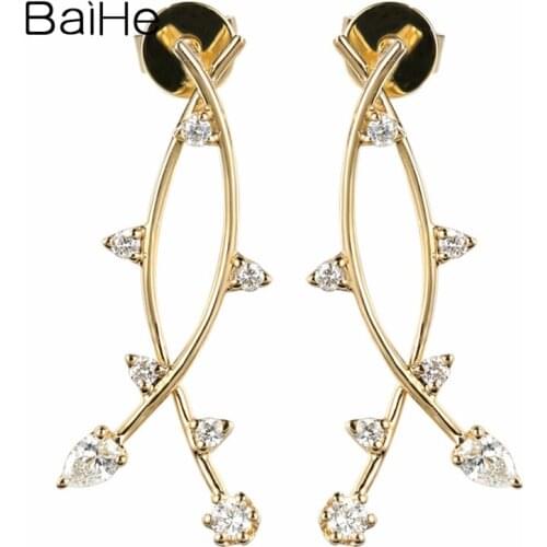 BAIHE Solid 14K Yellow Gold 0.28ct H/SI Natural Diamonds Round & Pear Wedding Gift Fine Jewelry Diamond Stud Earrings Women