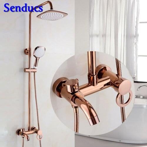 Senducs Bathroom Rose Gold Shower Set Quality Brass Bathroom Shower Mixer Faucet Rain Top Shower Spray Rose Gold Shower System