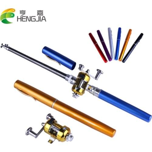HENGJIA 1 set Pen Shape Telescopic Fishing Rod With Reel Wheel Portable Pocket Telescopic Aluminum Alloy Pen Mini Fishing reel