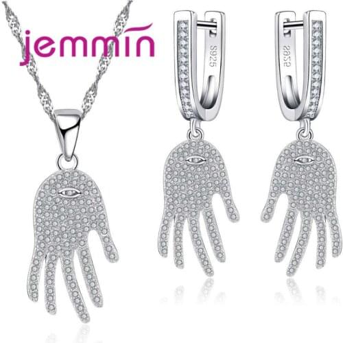 Unique Particular Plam Rhinestone Jewlery Sets Women Ladies Necklace Earrings Sets for Wedding Party 925 Sterling Silver Bijoux