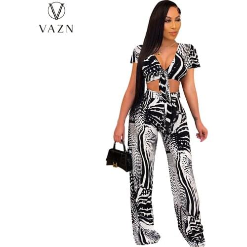 VAZN 2021 Top Quality Sexy Deep V-neck Short Sleeve Striped High Waist Long Pant Skinny Women 2 Piece Set