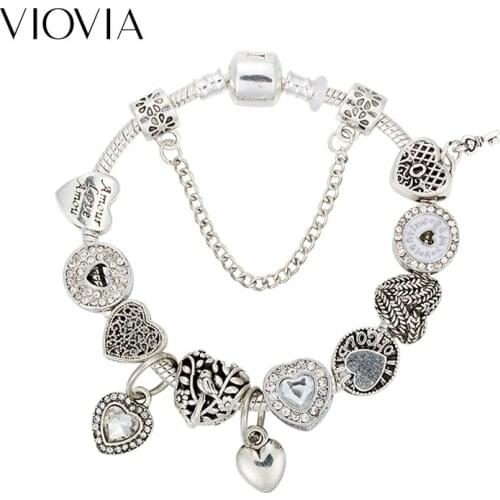 VIOVIA Vintage Silver Color White Crystal Heart Charm Silver Bracelets Bangle Murano Beads Bracelet Femme Jewelry B19025