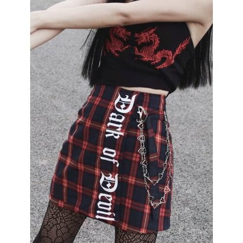 Ruibbit New Arrival Summer Fashion Gothic Letter Embroidery A-line Red Plaid Skirt Women Female Casual Punk Harajuku Skirts Y2k