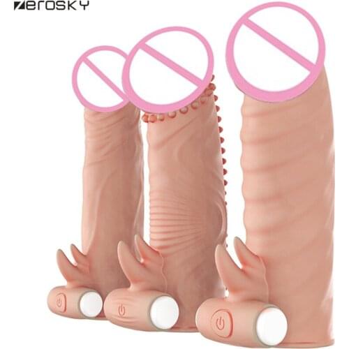 Zerosky Vibrating Penis Sleeve Reusable Condom Cock Ring Dildo Enlargement Vibrator Sex Toys for Men Women