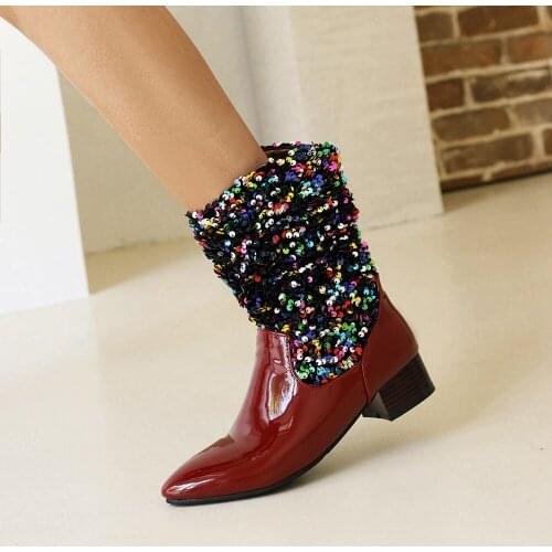 Sequin Stitching Patent Leather Pointed-Toe Womens Mid-Top Boots Color Shiny Sequins Plush Lining Winter Fashion Boots 2021