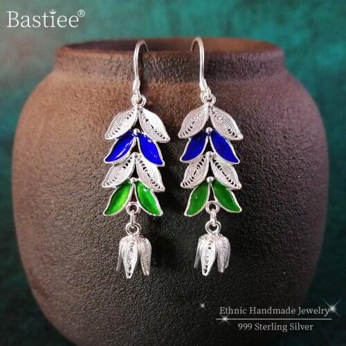 Bastiee 999 Sterling Silver Drop Rose Earrings For Women Cloisonne Enamel Luxury Jewelry Flower Green Blue Ethnic Handmade