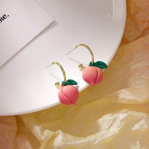 Origin Summer Cute Pink Peach Green Leaf Hook earrings for Women Korean Fashion Fruit Wedding Hoop earrings Jewelry Gifts