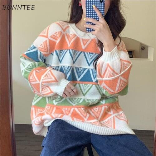 Sweaters Women Patchwork Loose Autumn O-Neck Korean Style Knitted Student Chic New Female Pullovers Stylish Casual Popular Daily