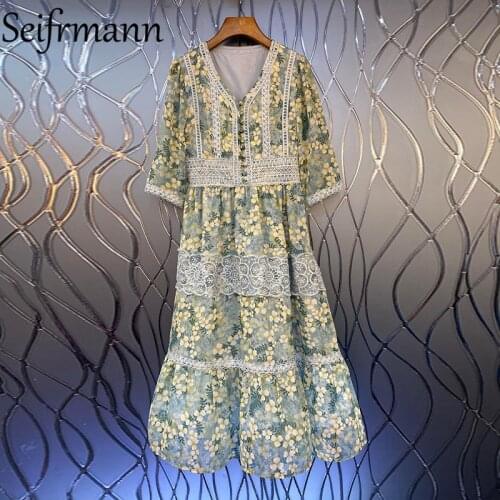 Seifrmann New 2021 Summer Women Fashion Runway Party Midi Dress Half Sleeve Single Breasted Lace Embroidery Print A-Line Dresses