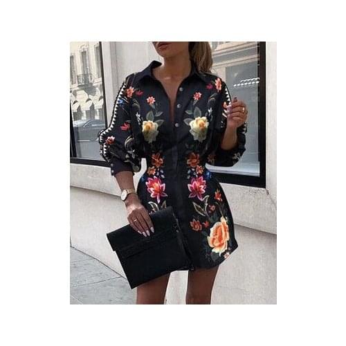 Womens Printed Lantern Sleeve Shirt Dress Summer Fashion Wild Casual Long Sleeve Lapel Shirt Dress 2021