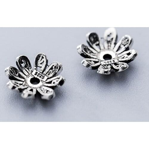 2pcs/lot Handcraft Hollow Out Flower Bead Receptacle Caps 10mm 925 Sterling Silver Fancy Tassel End Caps DIY Jewelry Making Gift