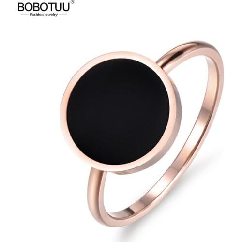 BOBOTUU Trendy Anniversary Ring For Women Rose Gold Color Round Black Acrylic Stone 316L Stainless Steel Rings Jewlery BR17041