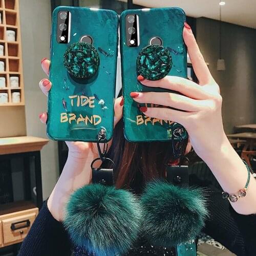 For Huawei Y8S 2020 Case Luxury Blue Light Emerald Finger Ring Silicone Soft Phone Case Y5P Y6P Y7P Y8P Back Cover With Strap