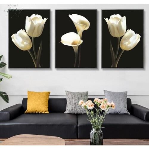 Black Background White Tulip Canvas Poster and Print Dutch National Flower Decor Painting Modern Home Decor Wall Art Picture
