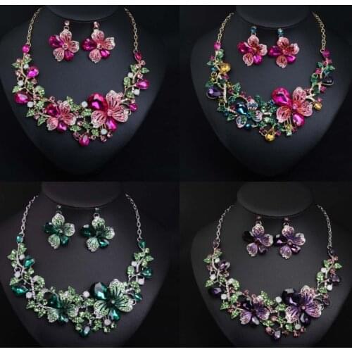 Elegant Multicolor Rhinestone Crystal Necklace Earring Bridal Wedding Jewelry Sets Female Valentines Day Gifts Women Accessorie