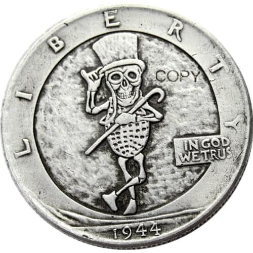FK(07) Hobo 1944 Walking Liberty Half Dollar Skull Design Coin Silver Plated Silver Plated Copy