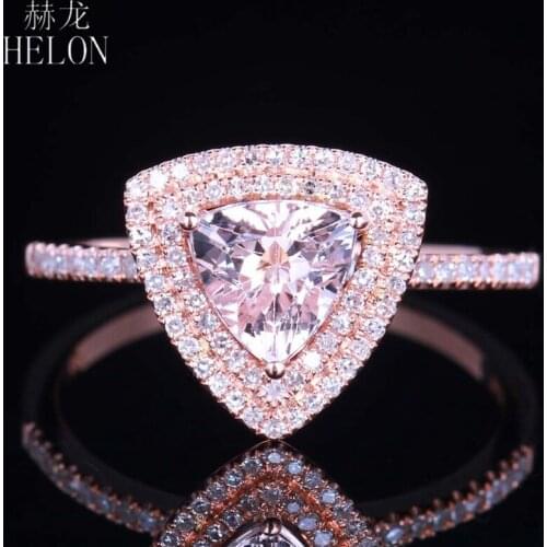 HELON Solid 10K Rose Gold Flawless Trillion Cut 6x6mm Natural Morganite Diamonds Engagement Wedding Elegant Fine Jewelry Ring
