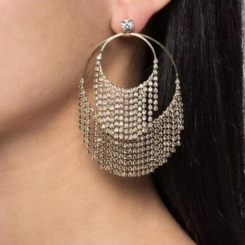 JIJIAWENHUA New Rhinestone Big Hoop Earrings Claw Chain Tassel Womens Earrings Dinner Party Luxury Fashion Jewelry Accessories