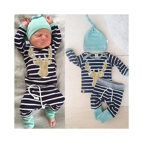 New Baby Girl Long Sleeve Tops +Long Pants Hat Boys Blue Stripe 3-piece Set Outfits Newborn Clothes