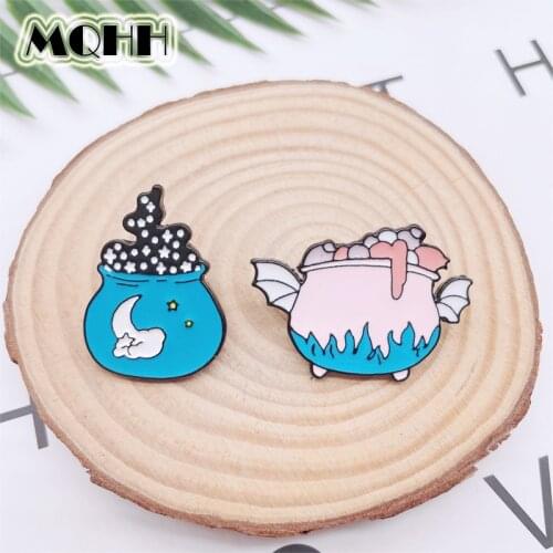 Creative Fun Food Cooking Pot Stove Enamel Pins Moon Wings Flame Alloy Brooch Badge Clothes Accessories Punk Woman Jewelry Gift