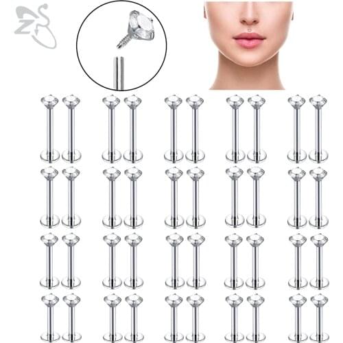 ZS 10 Pcs/Lot 16G Stainless Steel Labret Lip Piercing Set CZ Crystal Cartilage Tragus Helix Conch Piercings Jewelry 6/8/10/12MM