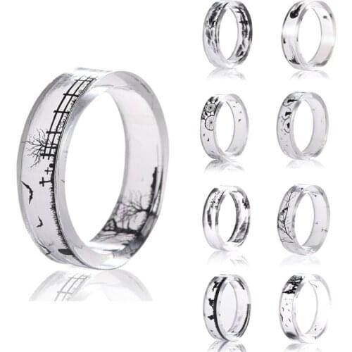 New Transparent Resin Ring Tree And Birds Ink Painting Scenery Inside Epoxy Resin Rings for Women Finger Punk Jewelry