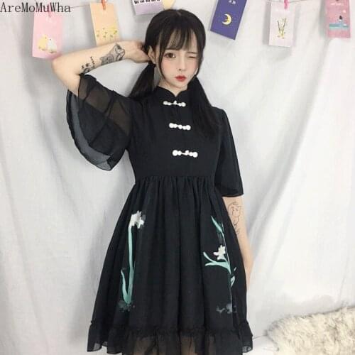 AreMoMuWha 2019 New Dress Summer Retro Cute Chinese Wind Plate Buckle Stand Collar Girl Improved Hanfu Dress Midi Dress MH403