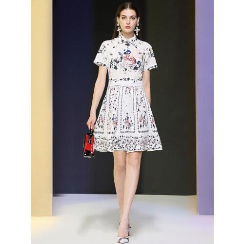 Summer dress fashion womens lapel short-sleeved stitching thin stitching jacquard cotton printed A-line dress palace style