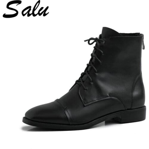 Salu 2020 Genuine leather boots low heel round toe casual ladies shoes fashion slip-on solid color autumn winter ankle boots