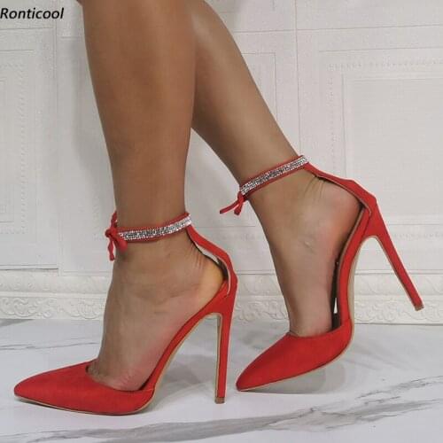 Ronticool Hot Women Ankle Strap Sandals Satin Rhinestone Stiletto Heel Pointed Toe Gorgeous 10 Colors Party Shoes US Size 5-15