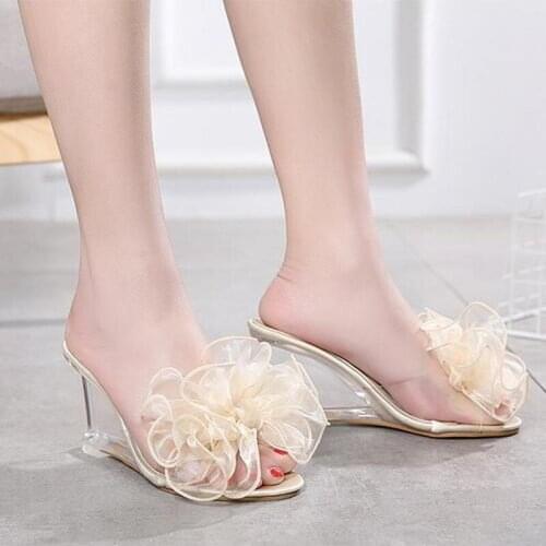New Wedges Heel Sandals Women Summer Sexy Crystal Transparent High Heels Sweet Flower Slides Slippers Women Banquet Shoes