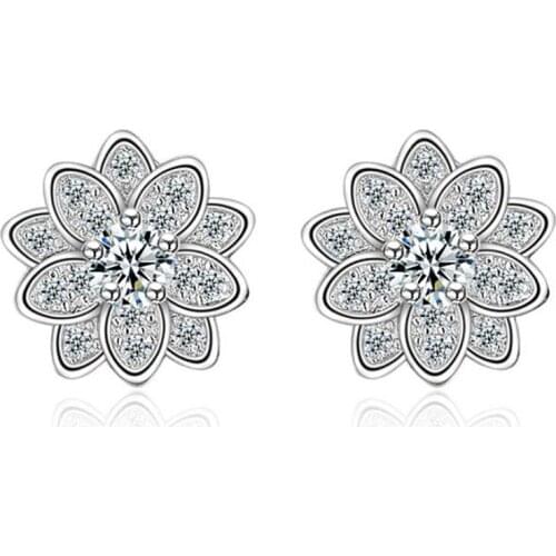 Shiny 3A Zirconia Silver Color Stud Earrings CZ Stone Crystal Flower Earrings for Women Girls Female brincos Party jewelry Gifts