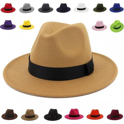 Breathable Solid Color Classic Black Elastic Fedora Hat Unisex Wool Felt Jazz Hats Elegant Men Women Wide Brim Panama Trilby Cap
