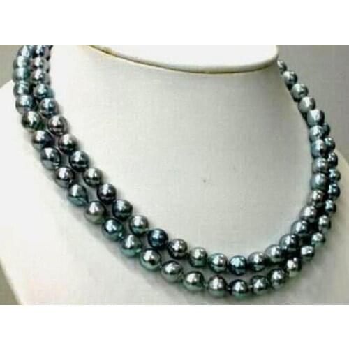 TAHITIAN REAL BLACK GREEN PEARL NECKLACE 35" 50" 9-10MM Yellow clasp