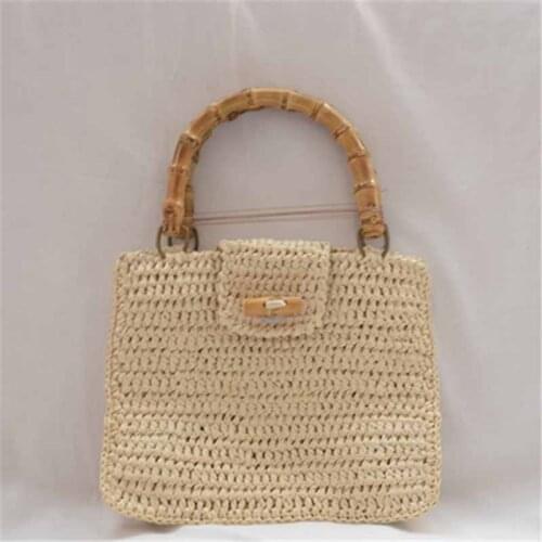 Bamboo Handle Handbag Bohemian Womens Straw Bag Handmade Summer Straw Beach Bag Luxury Designer Female Shopper Knitted Purse