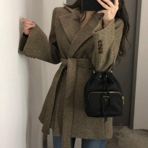 Women Autumn Winter Long Wool Blazer Coat Jacket Bandage Long Sleeve British Style Thick Woolen Overcoat Outer Wear Loose