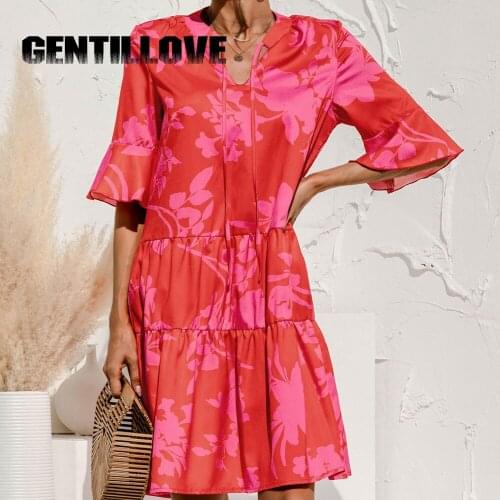 Women V Neck Flared Sleeve Cake Sundress Ruffles Fashion Casual Loose Summer Vacation Harajuku Beach Dress Oversized 2021 Hit