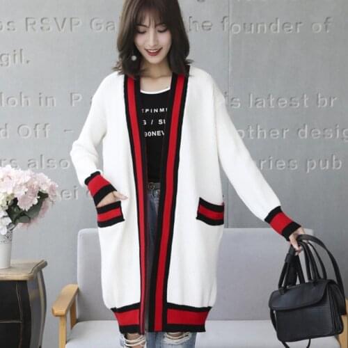 2021 Autumn Panelled Striped Knitting Cardigan Women Medium-Long Loose Pockets Long Sleeve Sweater Female Casual Coat Outerwear