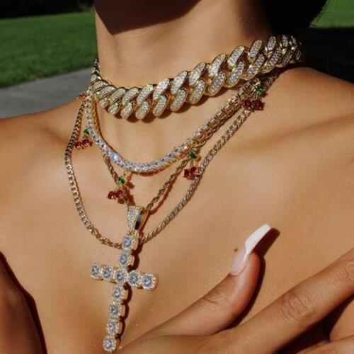 2020 summer new Iced out sparking bling 5A cz paved cute lovely cherry charm clear cz tennis chain choker women necklace 32+10cm