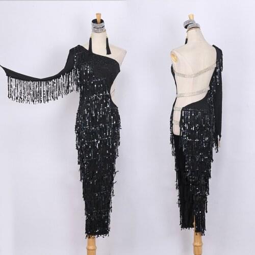 New Latin Dance Dress Women Competition Costumes Performance Clothing Black Sequined Tassel Shiny Slim Dancing Dress