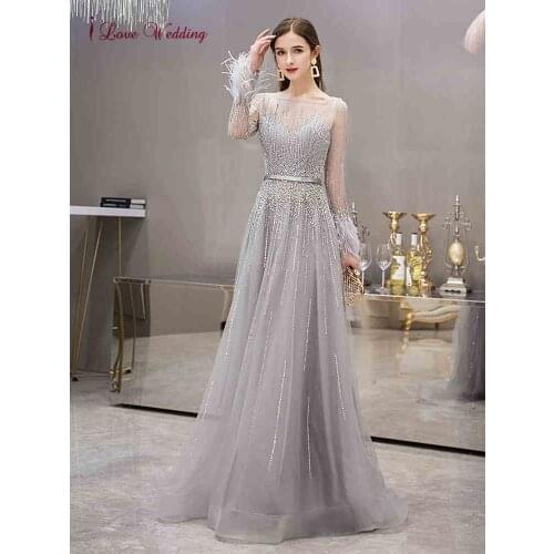 Shiny Beading Silver Gray Long Sleeves Evening Dresses Feathers Cryatal Rhinestones Women Formal Party Gowns 2021 robe de soiree