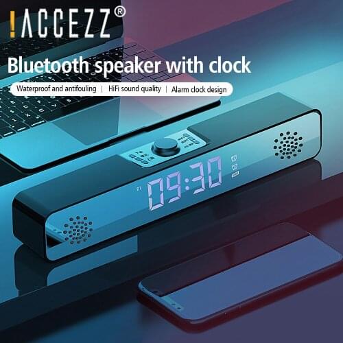 !ACCEZZ TV Sound Bar Alarm Clock Wired Wireless Bluetooth Speaker LED Digital Soundbar Stereo Subwoofer AUX USB IPX5 Waterproof