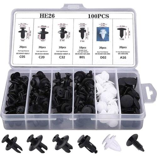 100pcs Mixed Auto Fastener Clip Car Body Push Retainer Pin Rivet Bumper Door Trim Panel Retainer Fastener Kit Car Accessories HE