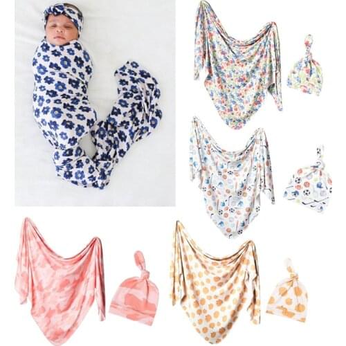 2 Pcs Baby Blanket + Hat Set Newborn Cotton Swaddle Wrap Blanket Infant Muslin Floral Towel Sleeping Bag